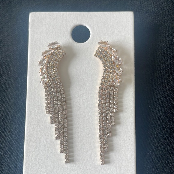 Gold Tone Rhinestone Fringe Tassel Drop Earrings - Picture 2 of 4
